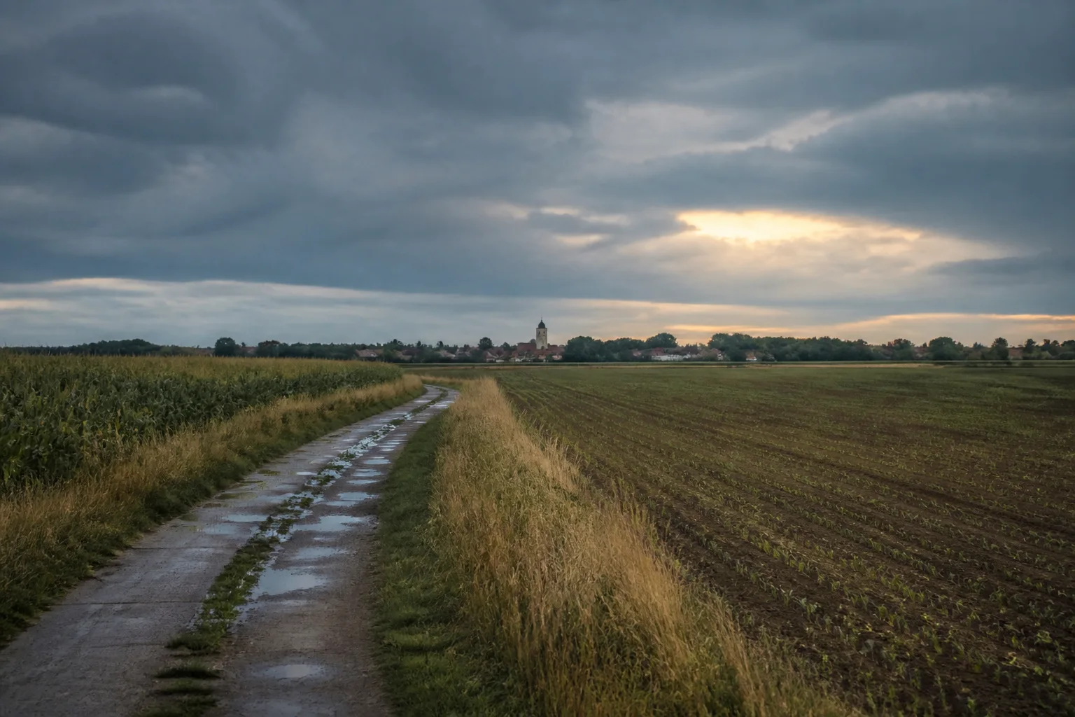 Feldweg zwischen Äckern, im Hintergrund ein Dorf mit Kirchturm