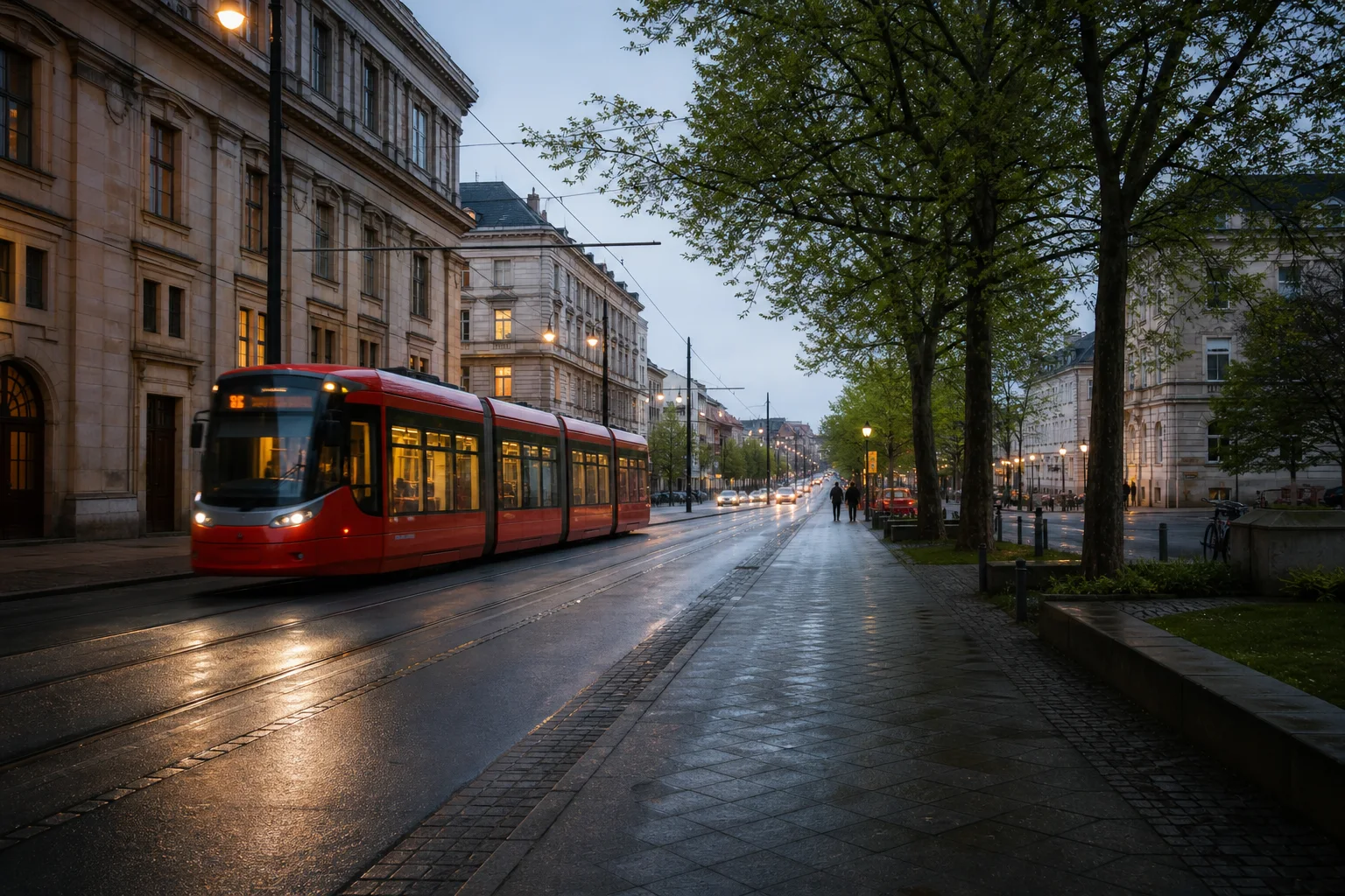 Straßenbahn auf einer regennassen Allee in der Abenddämmerung