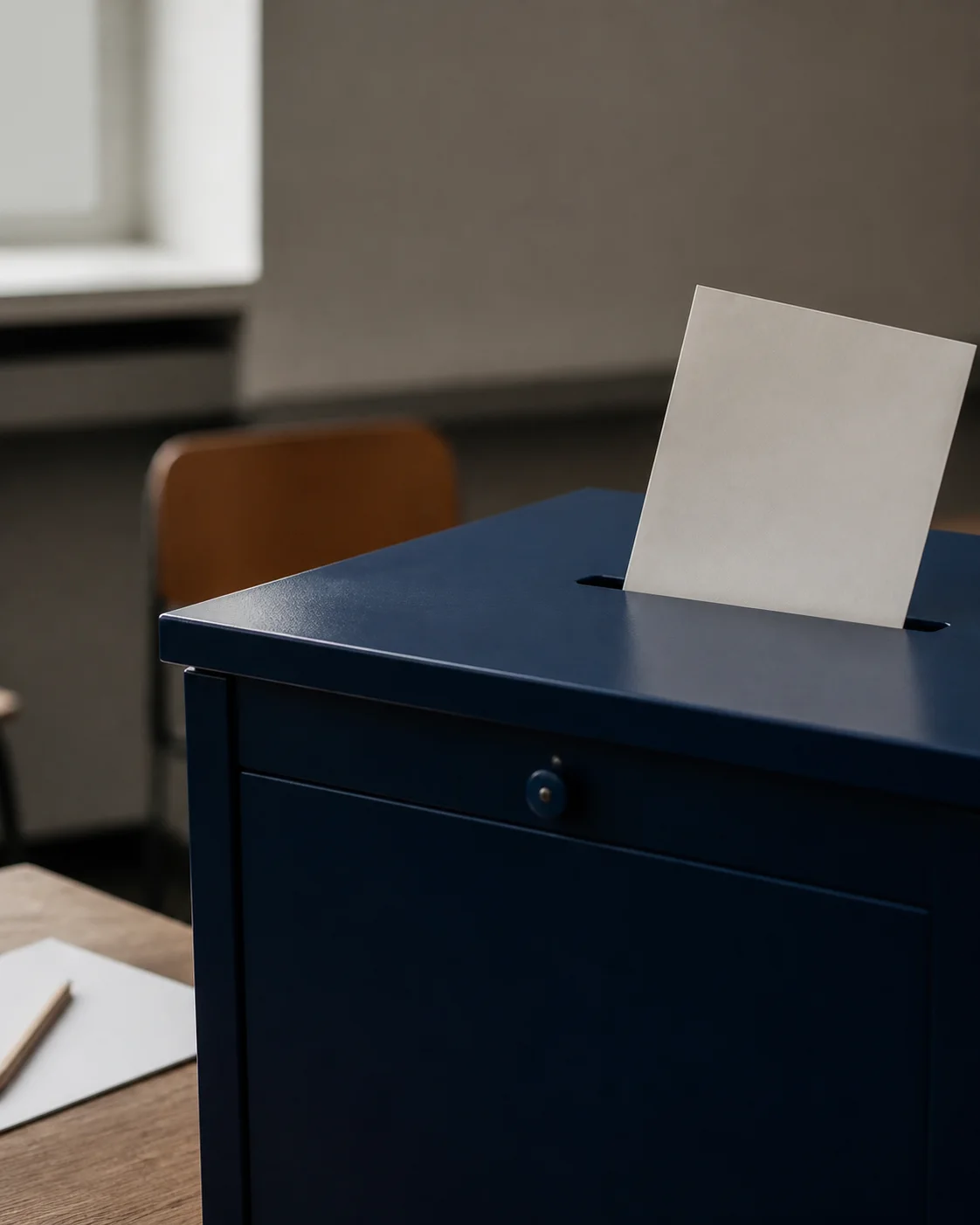 Ein Stimmzettel wird in eine dunkelblaue Wahlurne eingeworfen